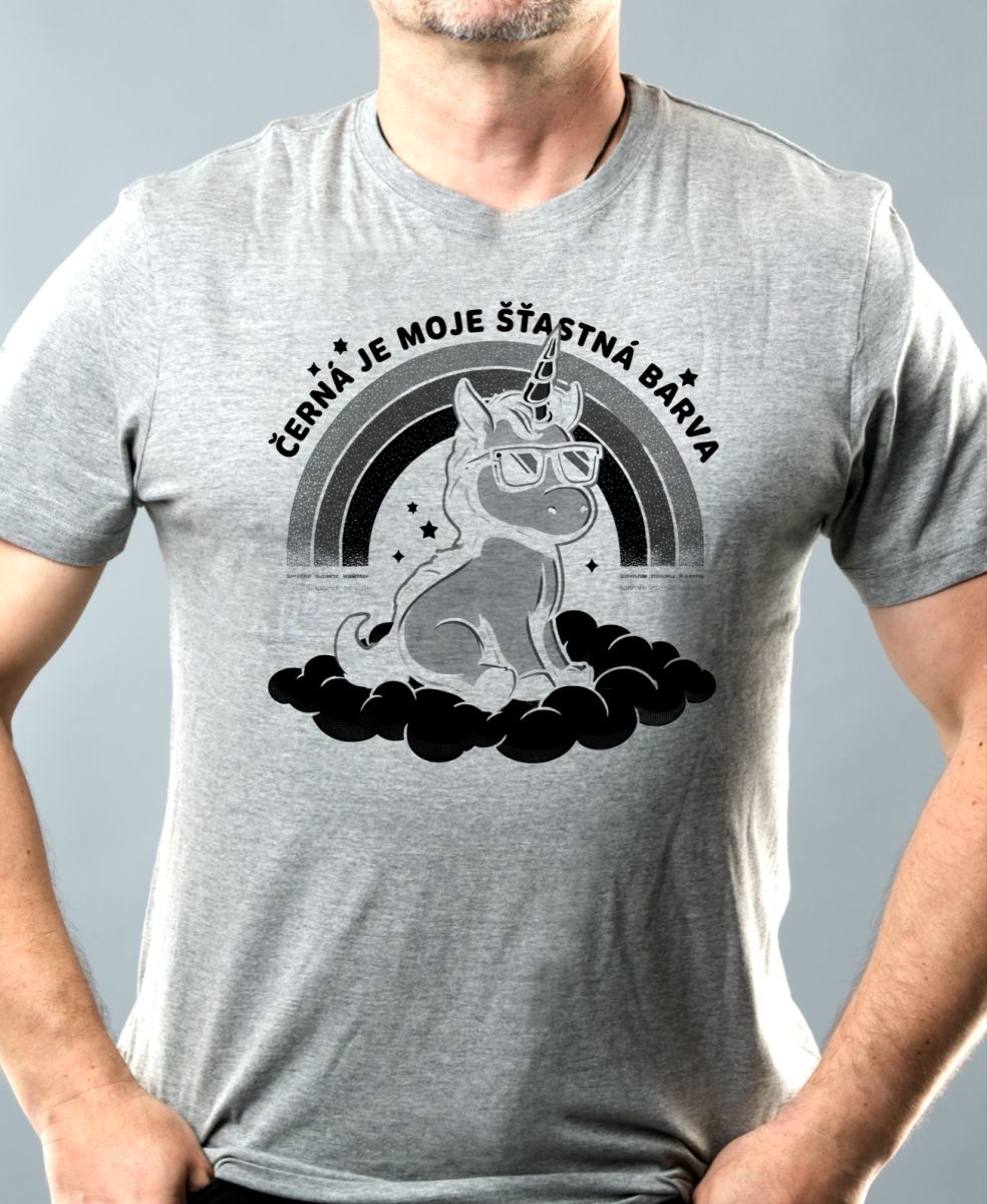Černá je moje šťastná barva, jednorožec, černý potisk