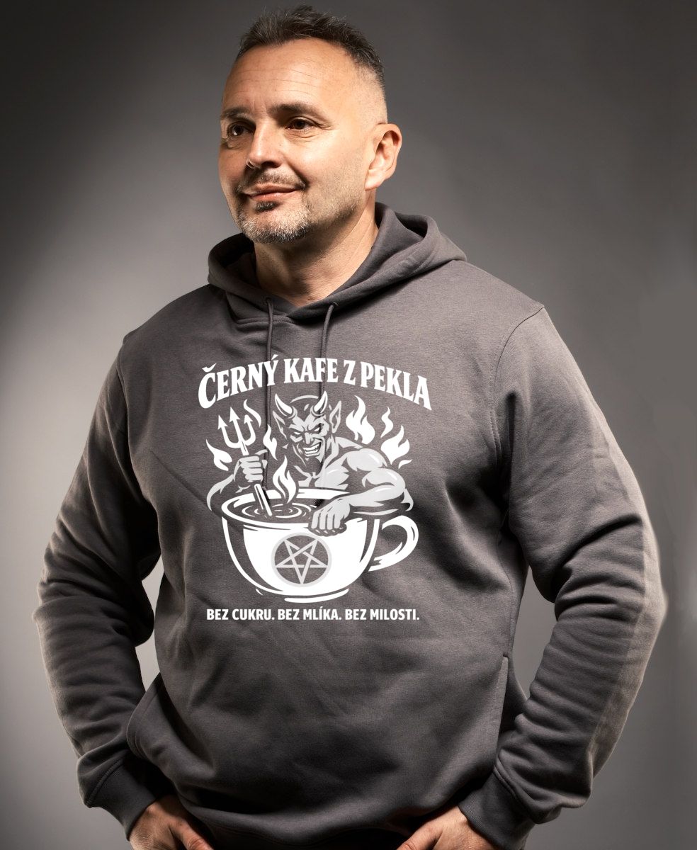 Černý kafe z pekla, bílý potisk