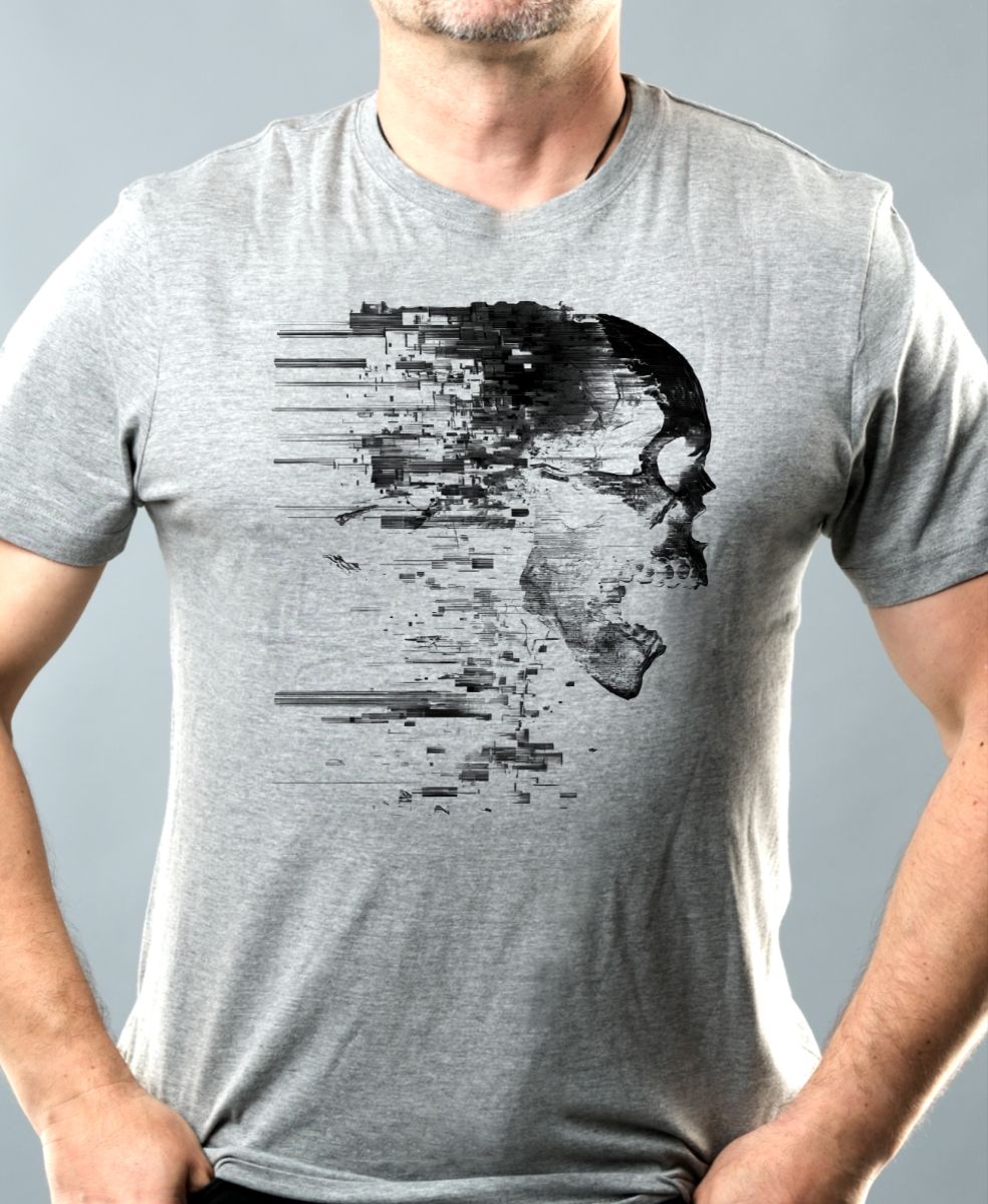 Glitch lebka, černý tisk