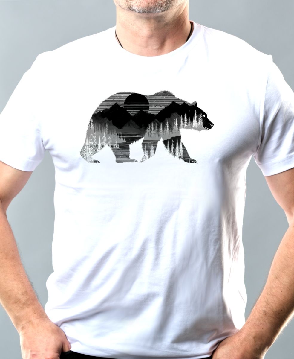 Medvěd s horskou krajinou, černý tisk