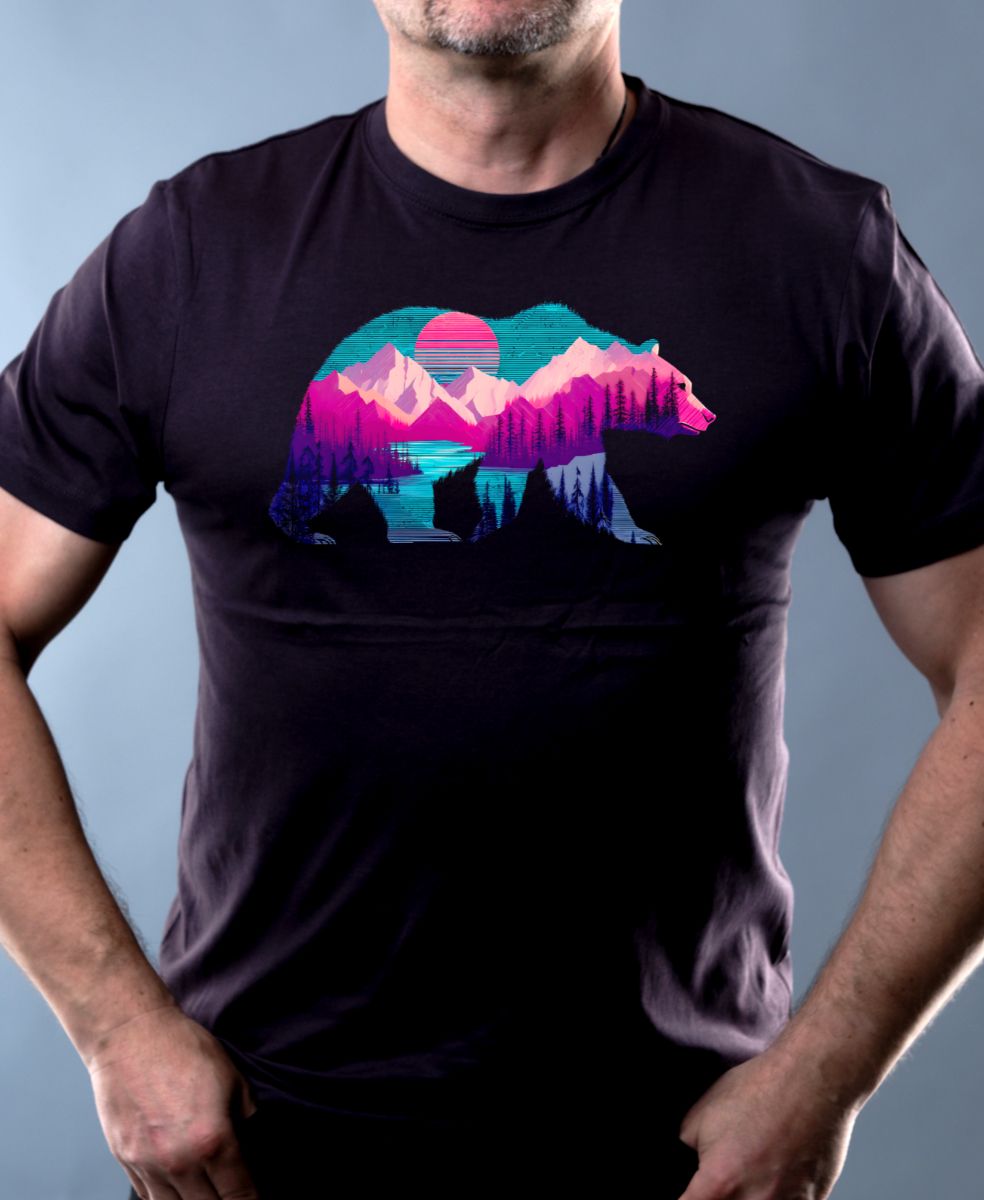 Medvěd s horskou krajinou