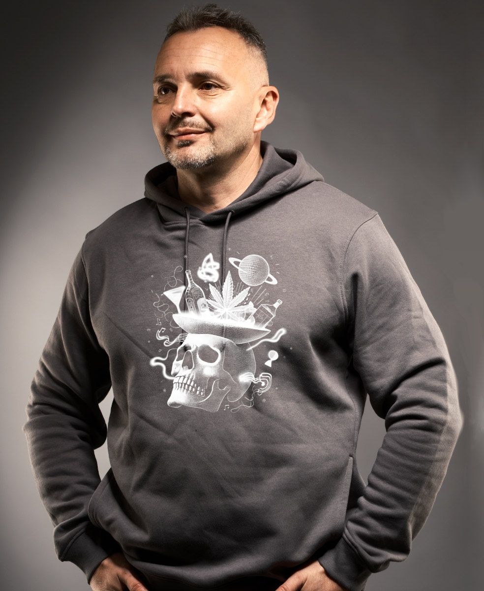 Párty v hlavě, lebka, bílý potisk