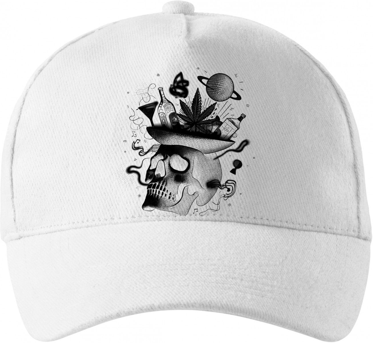 Párty v hlavě, lebka, černý tisk Párty v hlavě, lebka, černý tisk