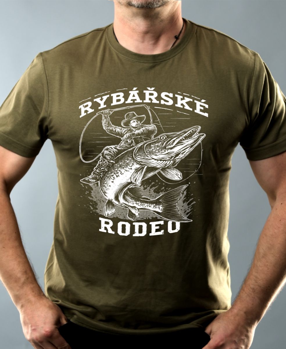 Rybářské rodeo, štika, bílý potisk Rybářské rodeo, štika, bílý potisk