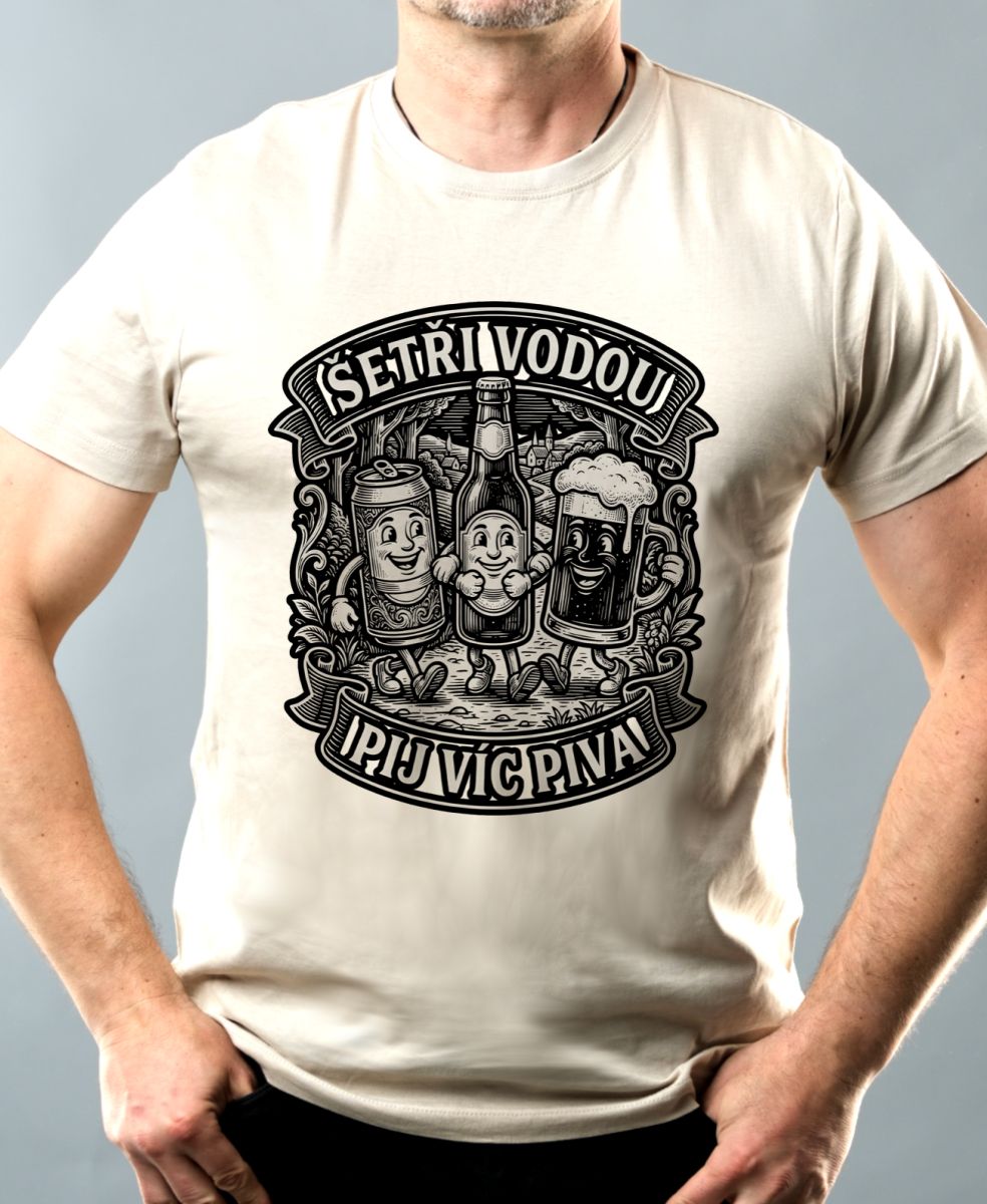 Šetři vodou, pij víc piva, černý potisk