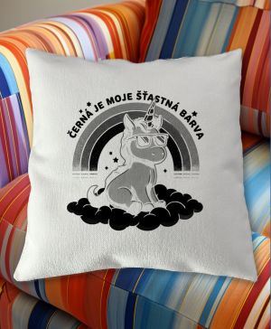Černá je moje šťastná barva, jednorožec, černý potisk