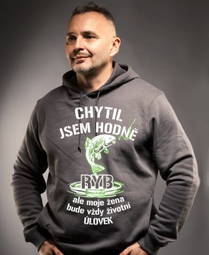Chytil jsem hodně ryb, ale moje žena je životní úlovek. Bílý a zelený tisk.
