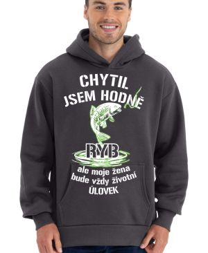 Chytil jsem hodně ryb, ale moje žena je životní úlovek. Bílý a zelený tisk.