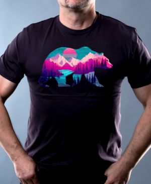 Medvěd s horskou krajinou