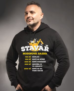 Stavař, hodinová sazba. Tričko, mikina, zástěra