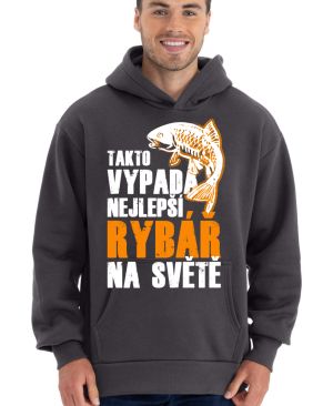 Tak vypadá nejlepší rybář na světě. Bílý a oranžový tisk.