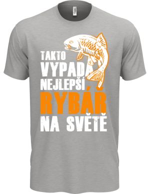 Tak vypadá nejlepší rybář na světě. Bílý a oranžový tisk.